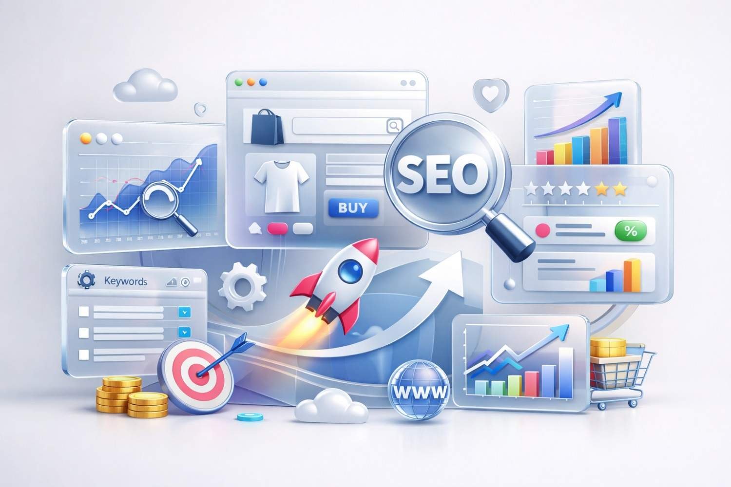 Illustration of ecommerce SEO showing a magnifying glass labeled SEO, product pages with buy buttons, rising traffic charts, star ratings, keyword lists, a rocket launch, coins, shopping cart, and global web icon, representing online store optimization and revenue growth.