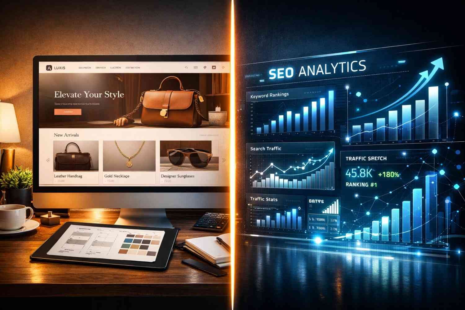 Split-screen image showing an ecommerce website design workspace on one side and glowing SEO analytics dashboards with rising traffic and rankings on the other, illustrating the contrast between creative storefront development and data-driven search optimization growth.