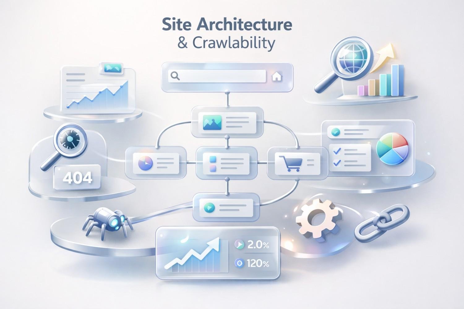 Illustration titled “Site Architecture & Crawlability” showing a website hierarchy diagram with connected pages, search bar, charts, globe, magnifying glass, crawl bot, 404 error, gears, links, and growth metrics, representing internal linking, indexing, technical SEO, and performance optimization.