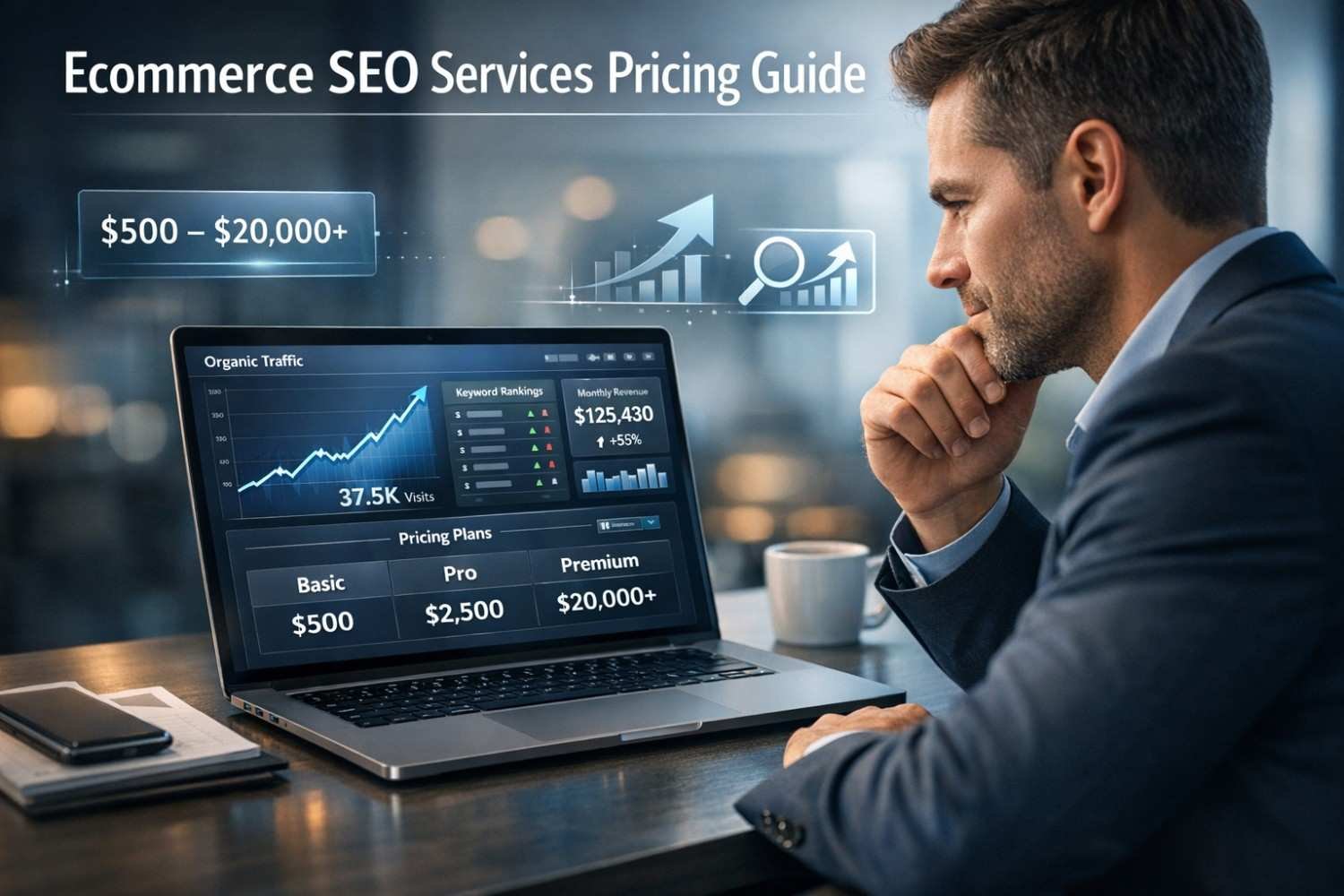 A businessman studies a laptop displaying “Ecommerce SEO Services Pricing Guide” with organic traffic charts, keyword rankings, revenue growth, and pricing plans from $500 to $20,000+. Floating icons show analytics and upward graphs in a modern office setting.