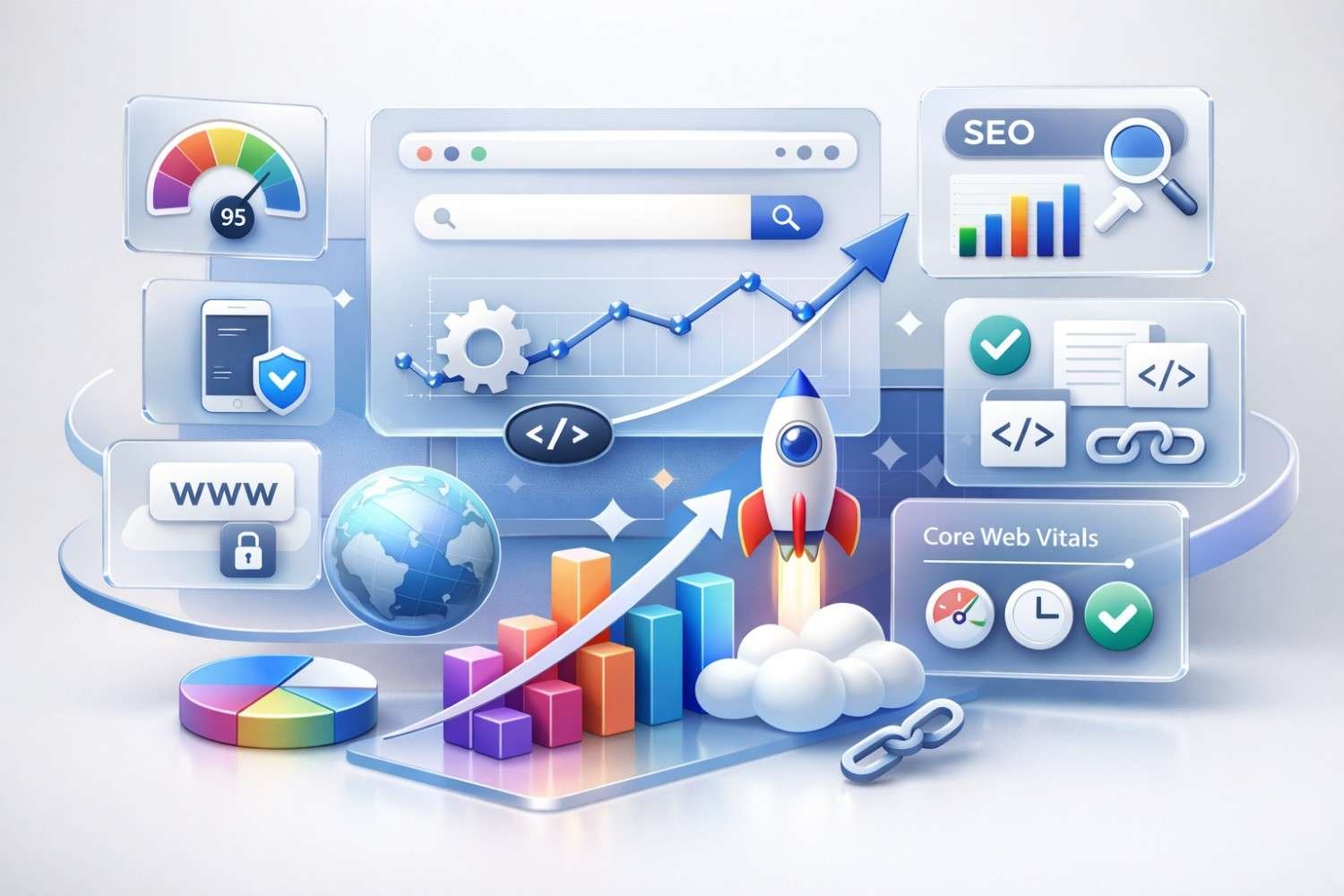 Stylized SEO dashboard illustration with rising graphs, rocket launch, search bar, code icons, globe, backlinks, Core Web Vitals gauges, security badges, and colorful charts, symbolizing website optimization, technical performance, growth metrics, and global search visibility in a clean, modern interface.