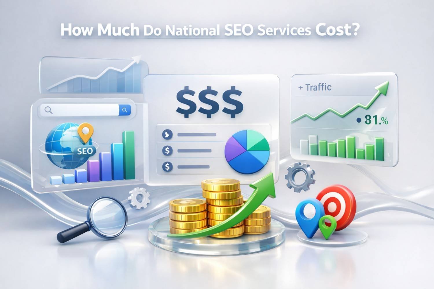 Illustration titled “How Much Do National SEO Services Cost?” showing dashboards with traffic growth, charts, pricing symbols, stacked gold coins, upward arrows, globe SEO icons, magnifying glass, gears, and location markers representing analytics, optimization efforts, and increasing investment returns.