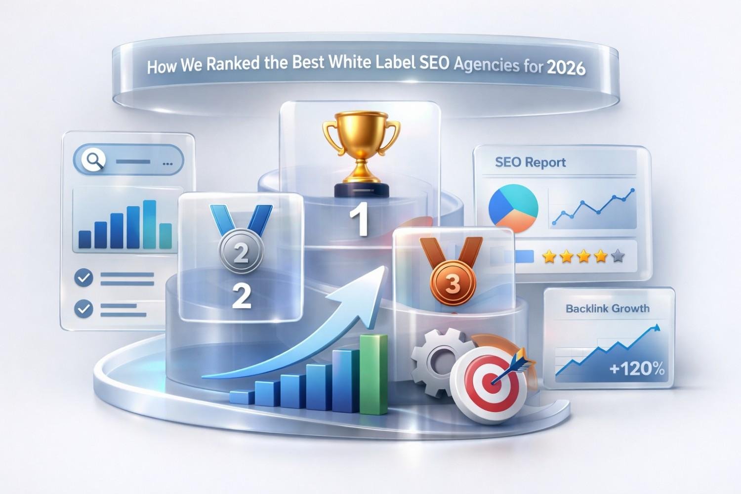 Illustration titled “How We Ranked the Best White Label SEO Agencies for 2026” showing a podium with gold, silver, and bronze trophies, ranking charts, SEO reports, star ratings, backlink growth graph, target icon, gears, and upward bars representing agency evaluation metrics.