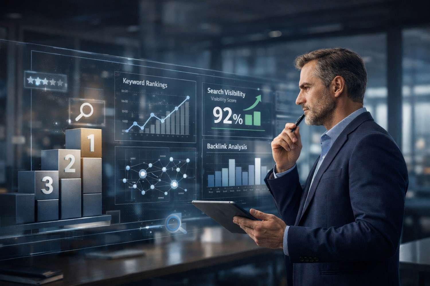 A businessman reviews a transparent SEO analytics display showing keyword rankings, search visibility at 92 percent, backlink networks, and podium rankings while holding a tablet and pen in a modern office with glowing data panels.