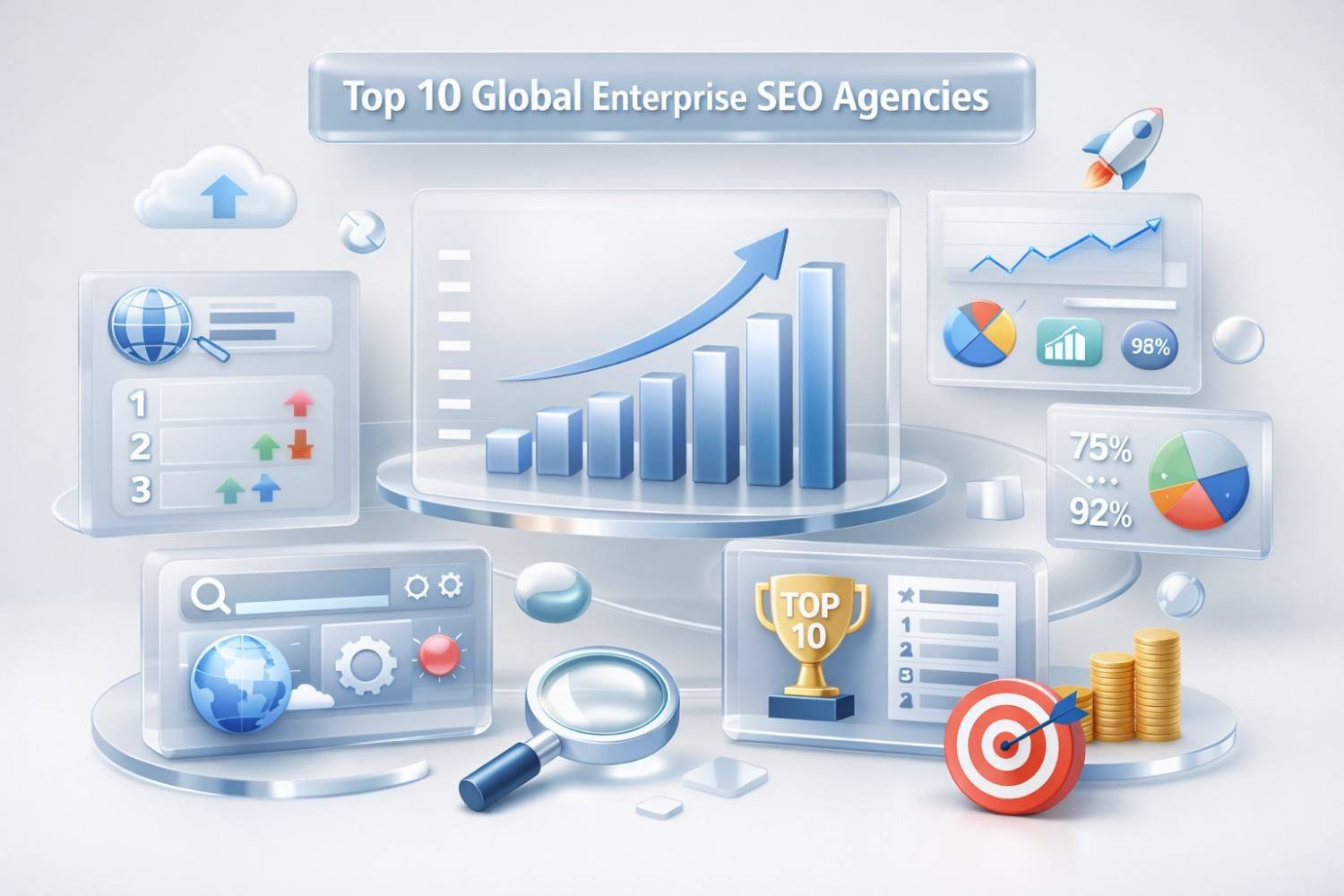 Illustration titled “Top 10 Global Enterprise SEO Agencies” showing growth bar charts, ranking panels, pie graphs, a trophy, target icon, magnifying glass, globe tools, and stacked coins, representing enterprise SEO performance metrics, agency comparisons, and business growth indicators.