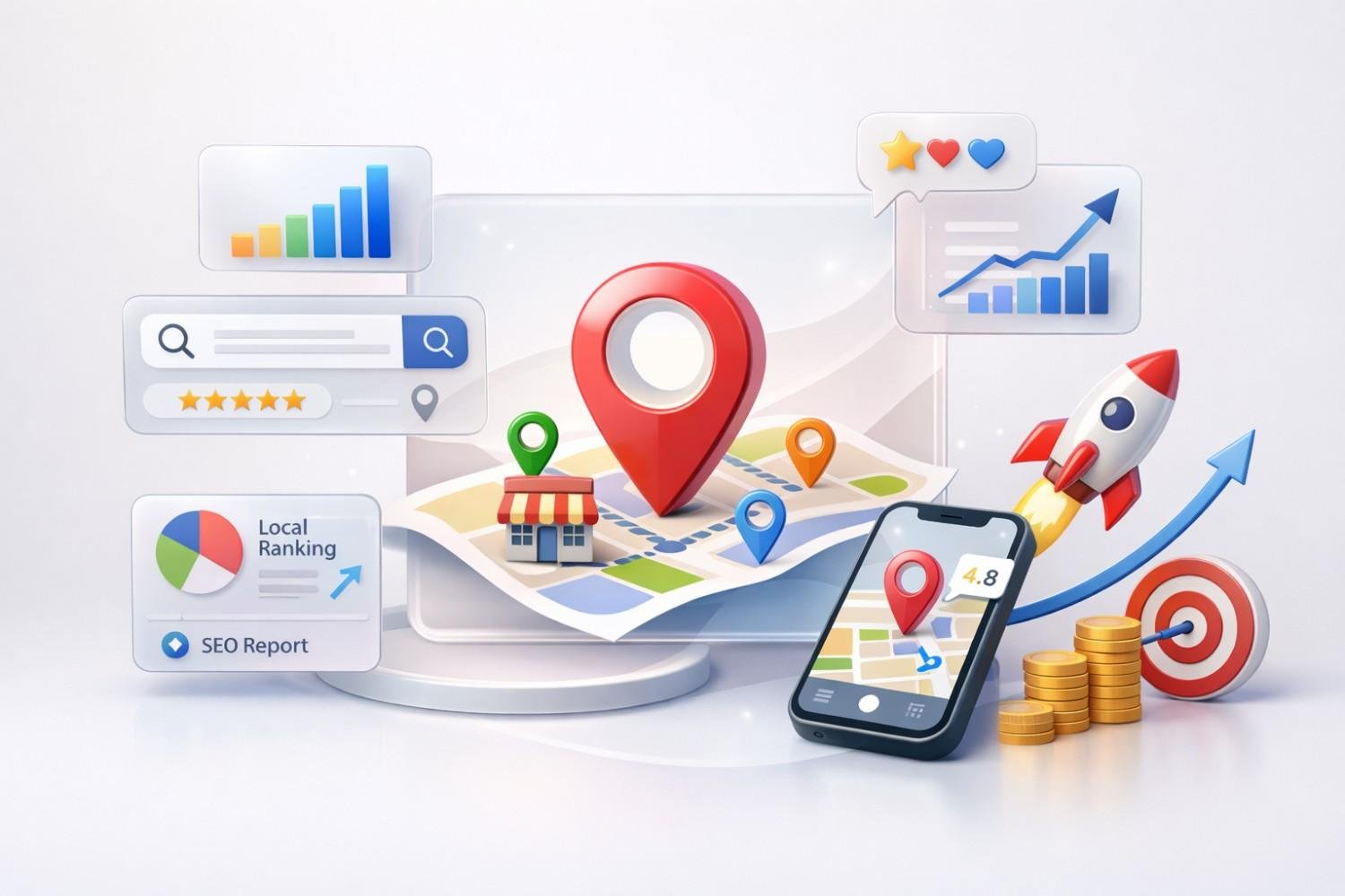 3D illustration of local SEO marketing showing a map with location pins, shop icon, smartphone navigation, five-star search result, ranking charts, rocket launch, coins, target, and growth arrows, representing local search visibility, customer reviews, traffic growth, and increased revenue