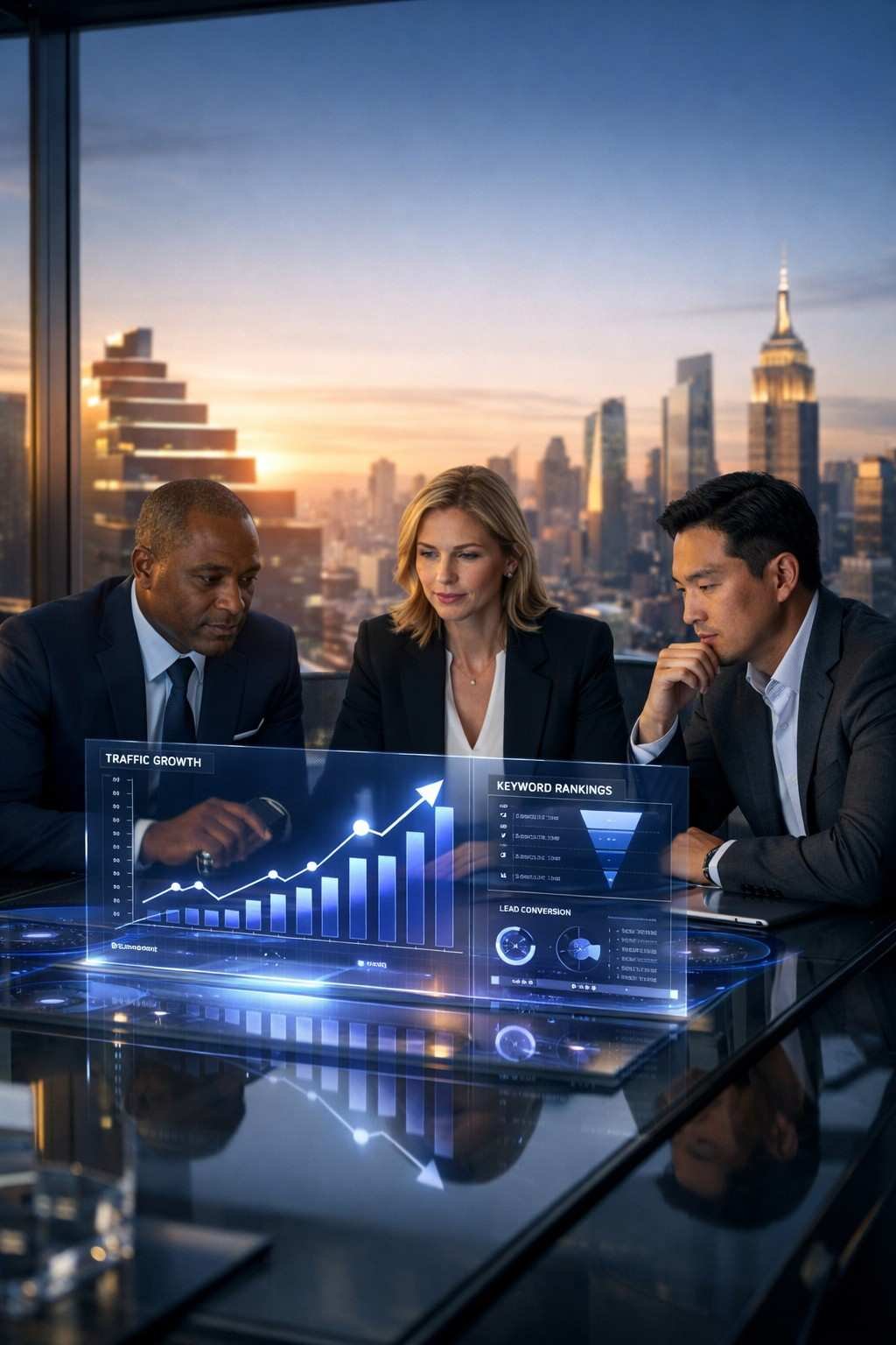 Three executives study a transparent holographic dashboard showing traffic growth and keyword rankings at a glass conference table, with a glowing city skyline at sunset behind them through large windows in a modern high-rise office.