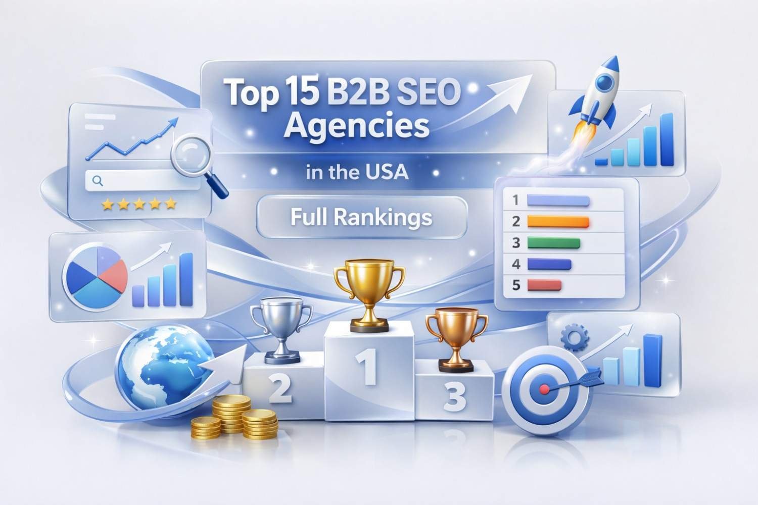 Illustration titled “Top 15 B2B SEO Agencies in the USA” with ranking podium trophies, charts, rocket icon, globe, coins, star ratings, and bar graphs, representing agency performance comparisons, growth metrics, and full SEO rankings.