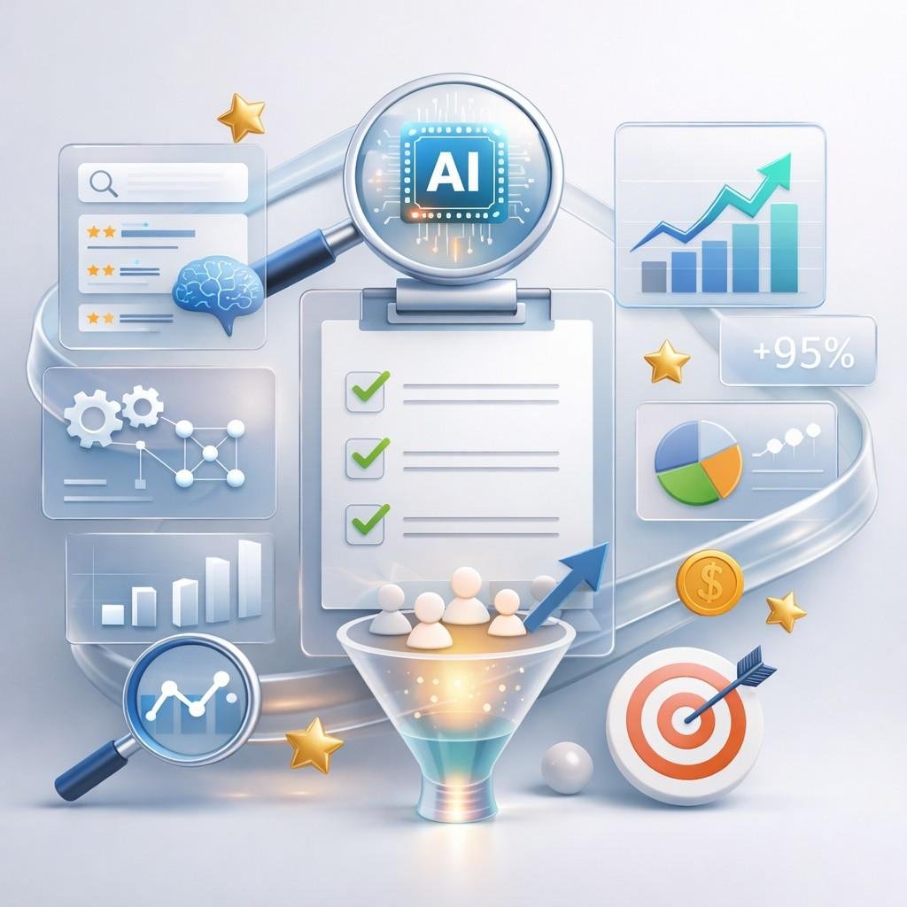 Illustration showing AI-powered SEO and marketing analytics with magnifying glasses, growth charts, checklists, star ratings, conversion funnel, target icon, dollar symbols, and pie graphs, representing performance optimization, lead generation, and data-driven business growth.