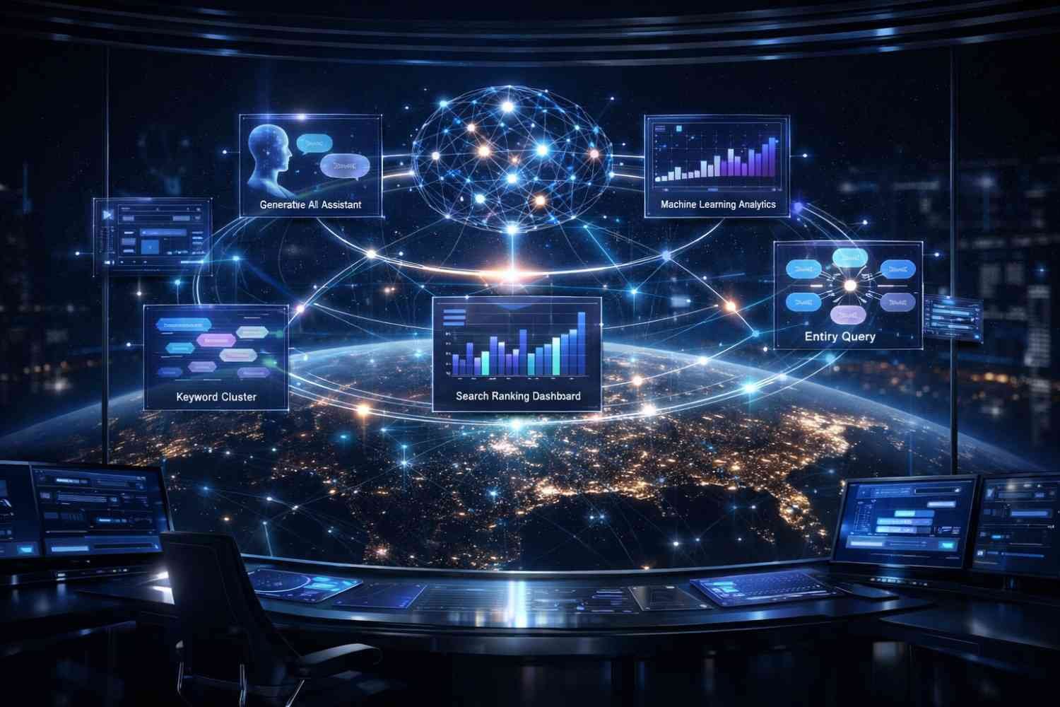 Futuristic control room overlooking Earth at night with glowing global data networks and floating panels labeled generative AI assistant, keyword clusters, entity queries, machine learning analytics, and search ranking dashboards, visualizing worldwide SEO and AI-driven optimization systems.
