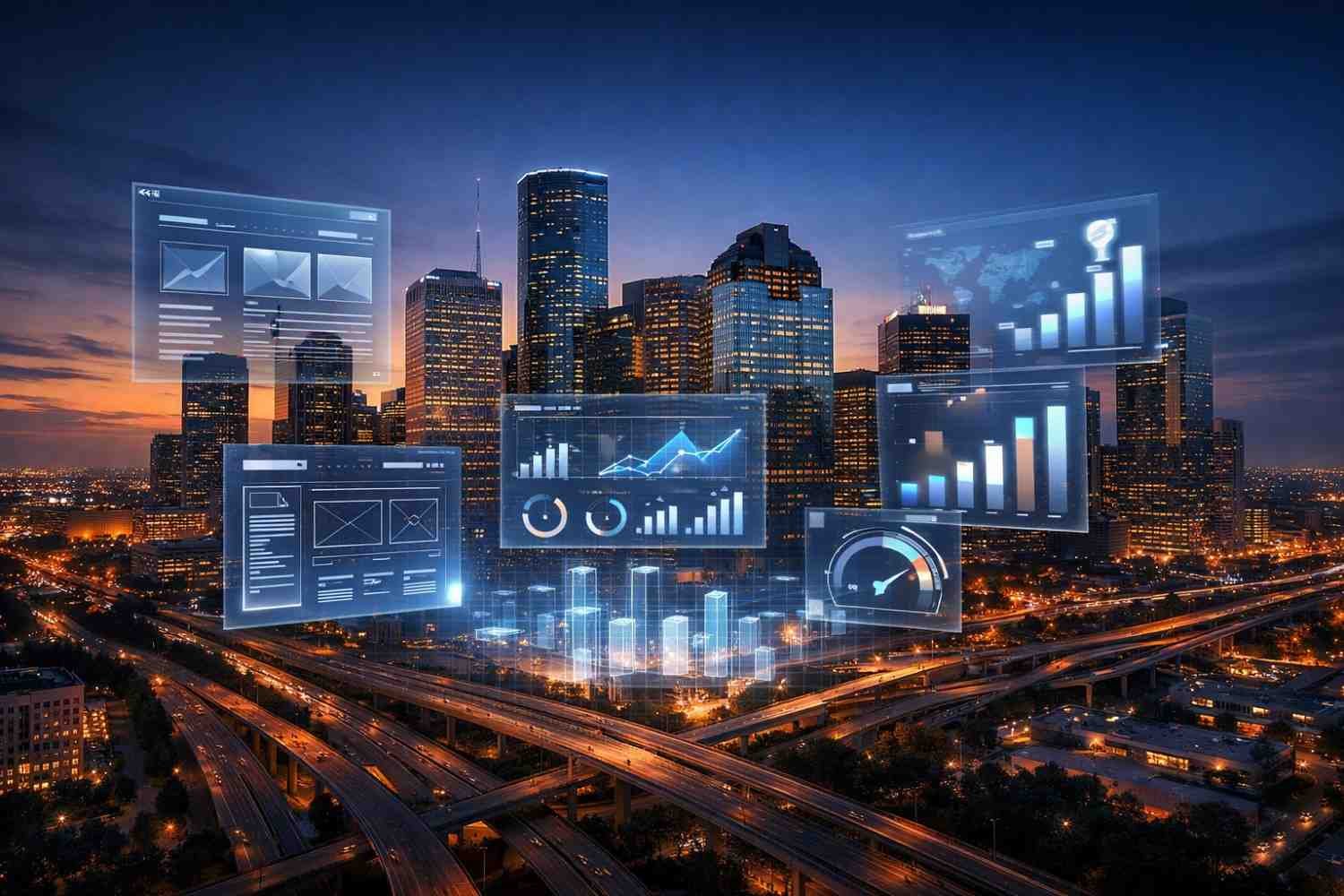 Nighttime city skyline with illuminated skyscrapers and highway interchanges, overlaid by floating transparent analytics dashboards showing charts, gauges, and bar graphs, suggesting smart infrastructure, real-time data monitoring, and AI-powered urban business intelligence systems.