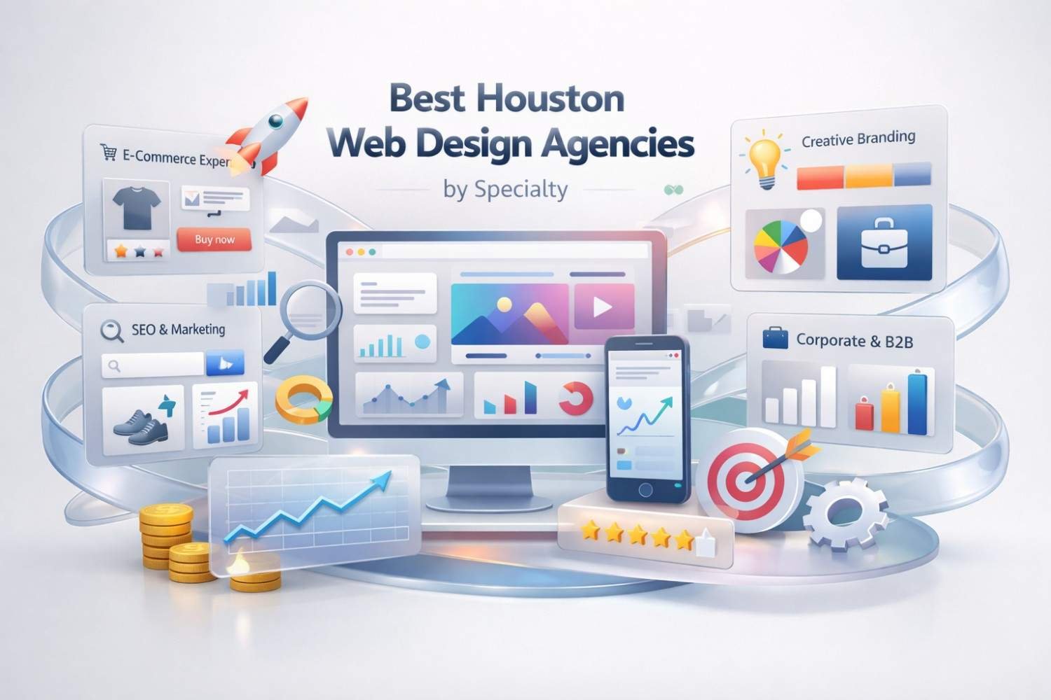 Illustration titled “Best Houston Web Design Agencies by Specialty” showing website dashboards, SEO tools, ecommerce icons, creative branding panels, corporate charts, mobile previews, star ratings, targets, gears, coins, and growth graphs representing agency services and performance categories.
