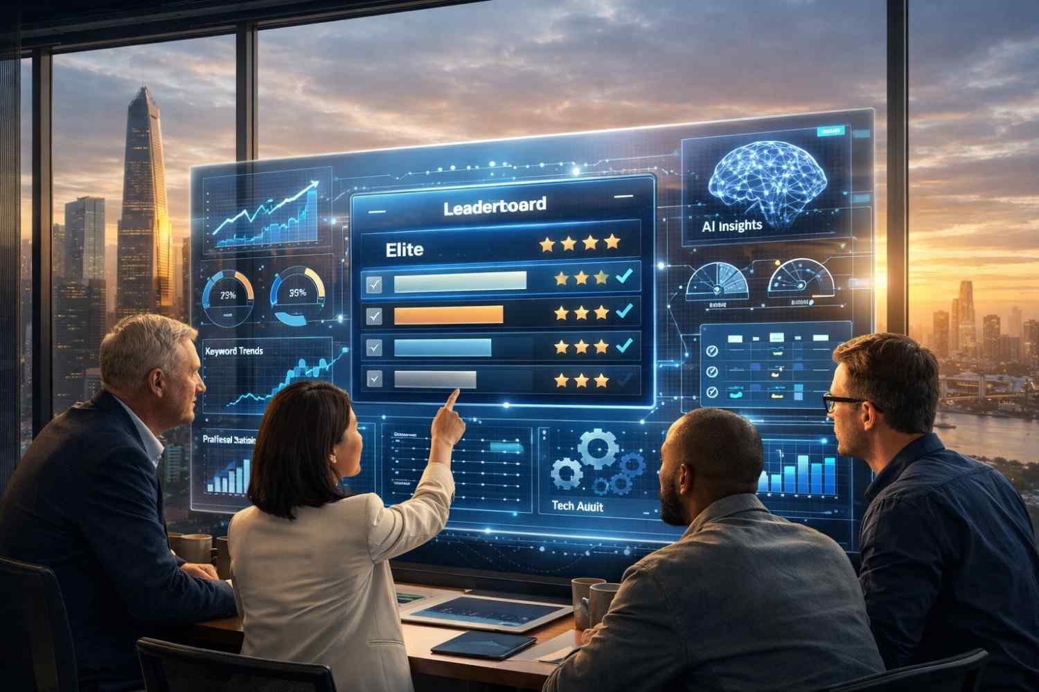 A team in a high-rise office reviews a glowing holographic leaderboard with star ratings, AI insights, keyword trends, and tech audit charts, while one person points at the screen and a sunset city skyline glows through floor-to-ceiling windows behind them.
