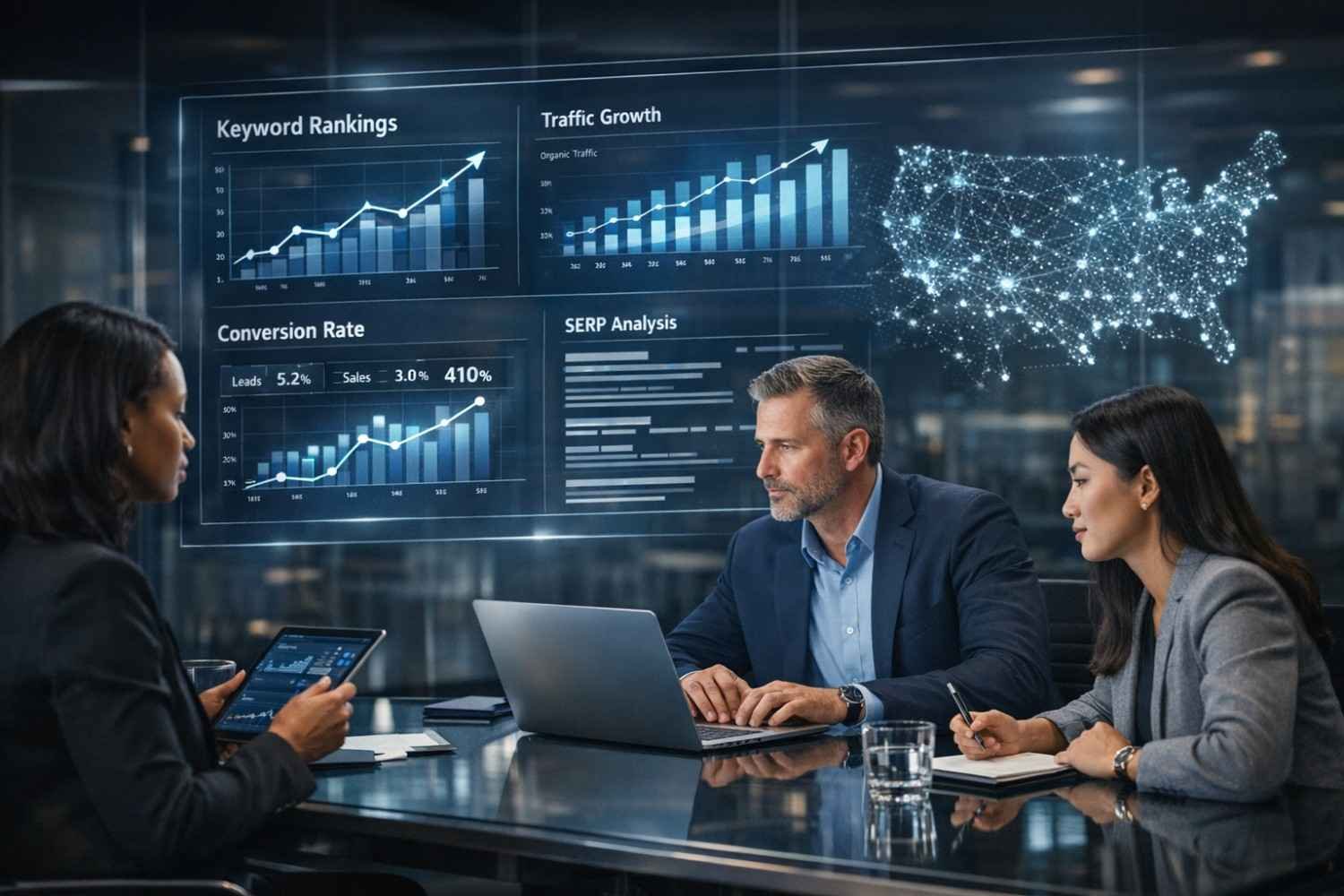 Three professionals meet at a glass conference table while large transparent SEO dashboards behind them display keyword rankings, traffic growth, conversion rates, SERP analysis, and a glowing U.S. network map as one person works on a laptop and another reviews notes.