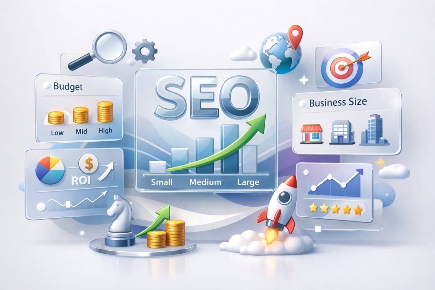 Illustration showing SEO growth factors with charts labeled small, medium, and large, budget tiers, ROI, and business size icons. Coins, a rocket launch, target, globe pin, magnifying glass, and upward arrows emphasize scaling strategy, rankings, and marketing performance improvement.