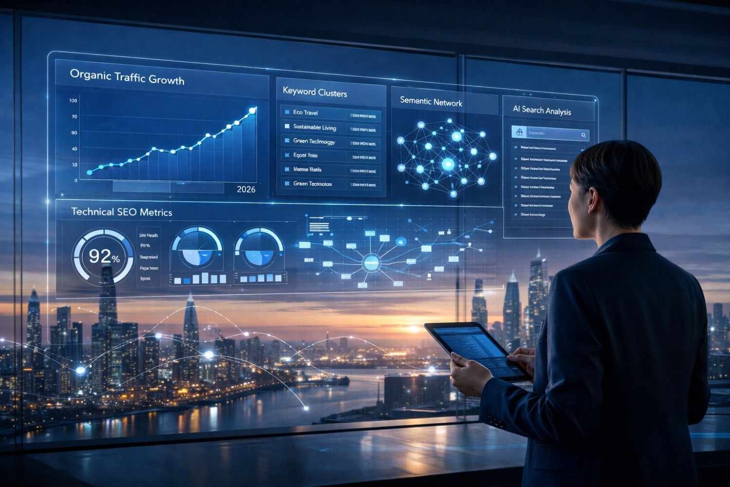 Professional standing in a high-rise office at sunset, reviewing transparent SEO dashboards showing organic traffic growth, keyword clusters, semantic networks, AI search analysis, and technical metrics over a glowing city skyline while holding a tablet.