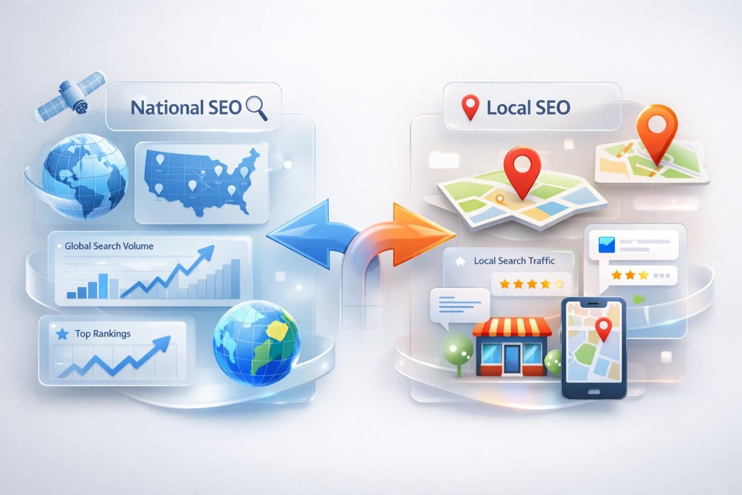 Illustration comparing National SEO and Local SEO: a blue panel with world maps, charts, and ranking graphs faces an orange panel with city maps, location pins, reviews, storefront, and mobile search, connected by opposing arrows showing strategic differences.