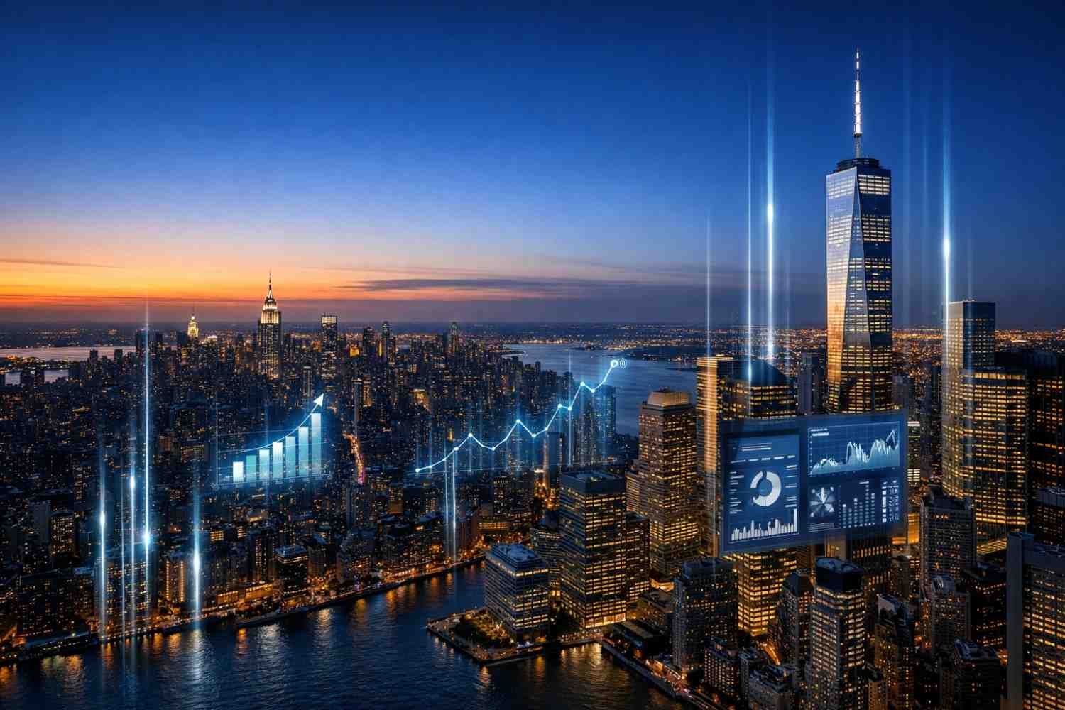 Aerial dusk view of New York City skyline with glowing skyscrapers and rivers below, overlaid with futuristic analytics dashboards, bar charts, and rising line graphs across buildings, symbolizing digital growth, SEO performance, data insights, and business expansion in a high-tech urban landscape.