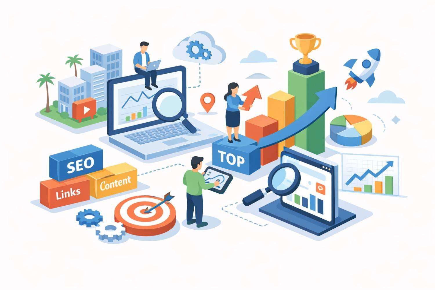 Illustration of an SEO growth scene with people analyzing laptops and tablets, magnifying glasses over charts, stacked bars rising toward a trophy and rocket, blocks labeled SEO, Links, and Content, a target icon, gears, graphs, and city buildings, symbolizing optimization, rankings, analytics, and business success.