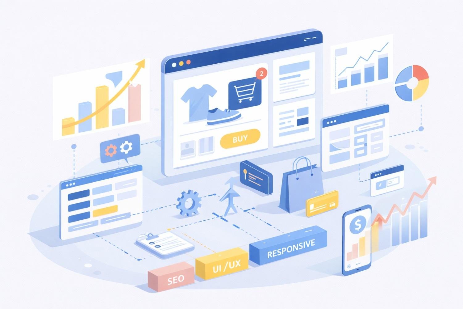 Isometric illustration of an ecommerce dashboard with a product page and “Buy” button, surrounded by analytics charts, shopping bags, payment cards, growth graphs, and blocks labeled SEO, UI/UX, and Responsive, showing optimized online shopping, conversion tracking, and performance improvement across devices.