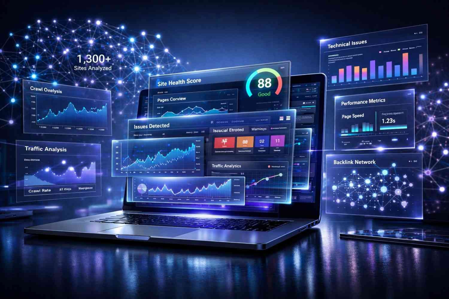 Futuristic laptop displaying SEO and analytics dashboards with floating holographic charts showing site health score, traffic analysis, crawl data, technical issues, performance metrics, and backlink networks, plus glowing data nodes and “1,300+ sites analyzed” text in the background.