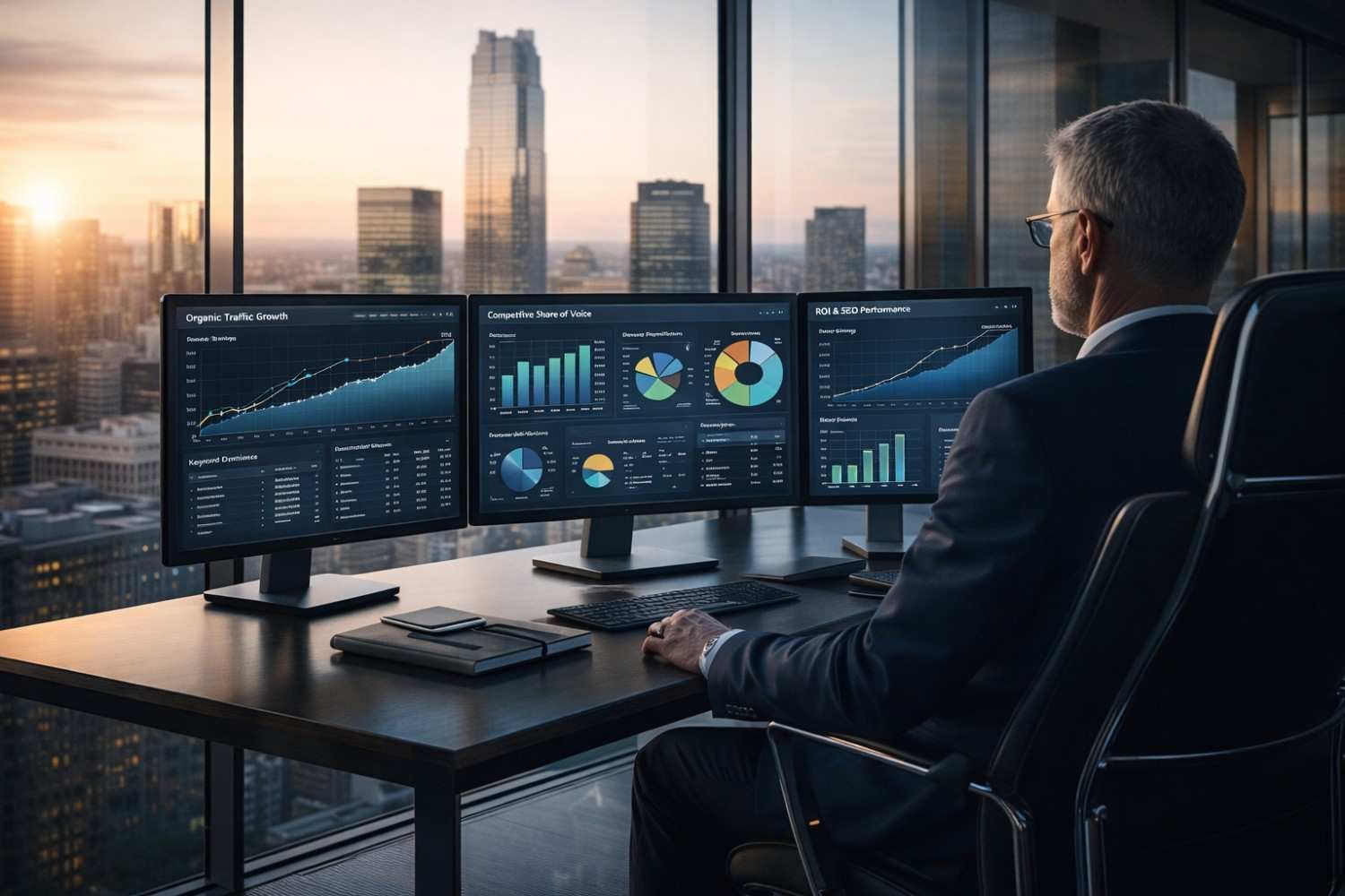 Executive seated in a high-rise office at sunset reviewing triple-monitor dashboards showing organic traffic growth, share of voice, ROI, and analytics charts, with city skyline views through floor-to-ceiling windows behind the workstation.