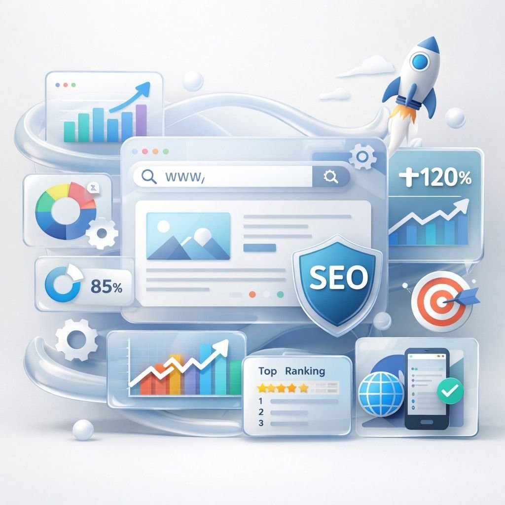 3D glassmorphism illustration of SEO optimization showing a website preview, search bar, analytics charts, growth graphs, ranking panels, target icon, rocket launch, shield labeled SEO, and performance percentages, symbolizing website growth, visibility, speed, and digital marketing success.