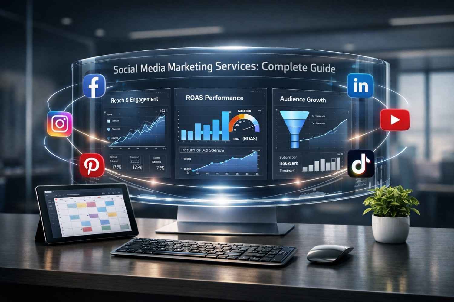 Futuristic desktop setup showing a curved screen with social media marketing dashboards, engagement graphs, ROAS metrics, and audience growth funnels, surrounded by Facebook, Instagram, LinkedIn, YouTube, Pinterest, and TikTok icons, plus a keyboard, tablet, mouse, and small plant on the desk.