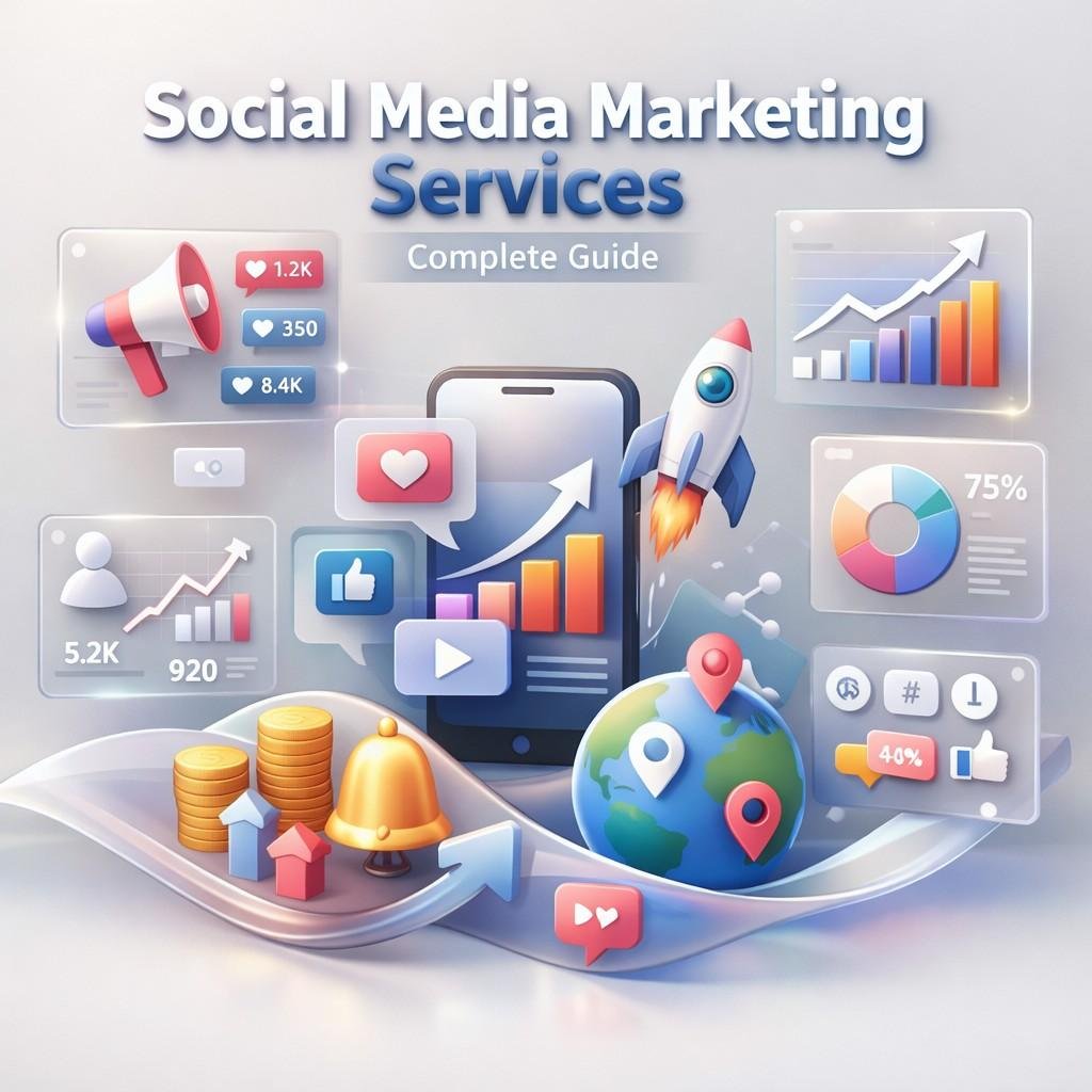 3D illustration titled “Social Media Marketing Services: Complete Guide” featuring a smartphone with growth charts, rocket launch, globe pins, coins, notification icons, engagement stats, pie charts, megaphone, and analytics panels, representing global reach, performance tracking, and digital marketing growth.