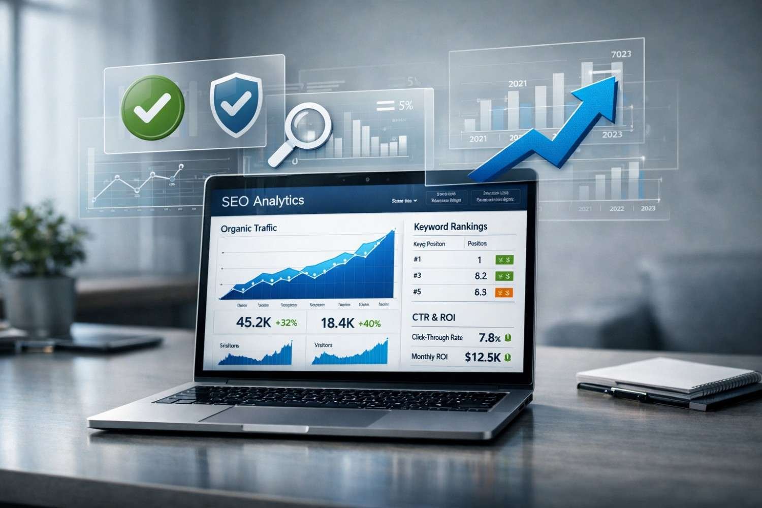 Laptop on an office desk displaying SEO analytics with rising organic traffic graphs, keyword rankings, CTR and ROI metrics, plus floating icons for security, search, and growth arrows, representing website performance optimization, data analysis, and digital marketing success.