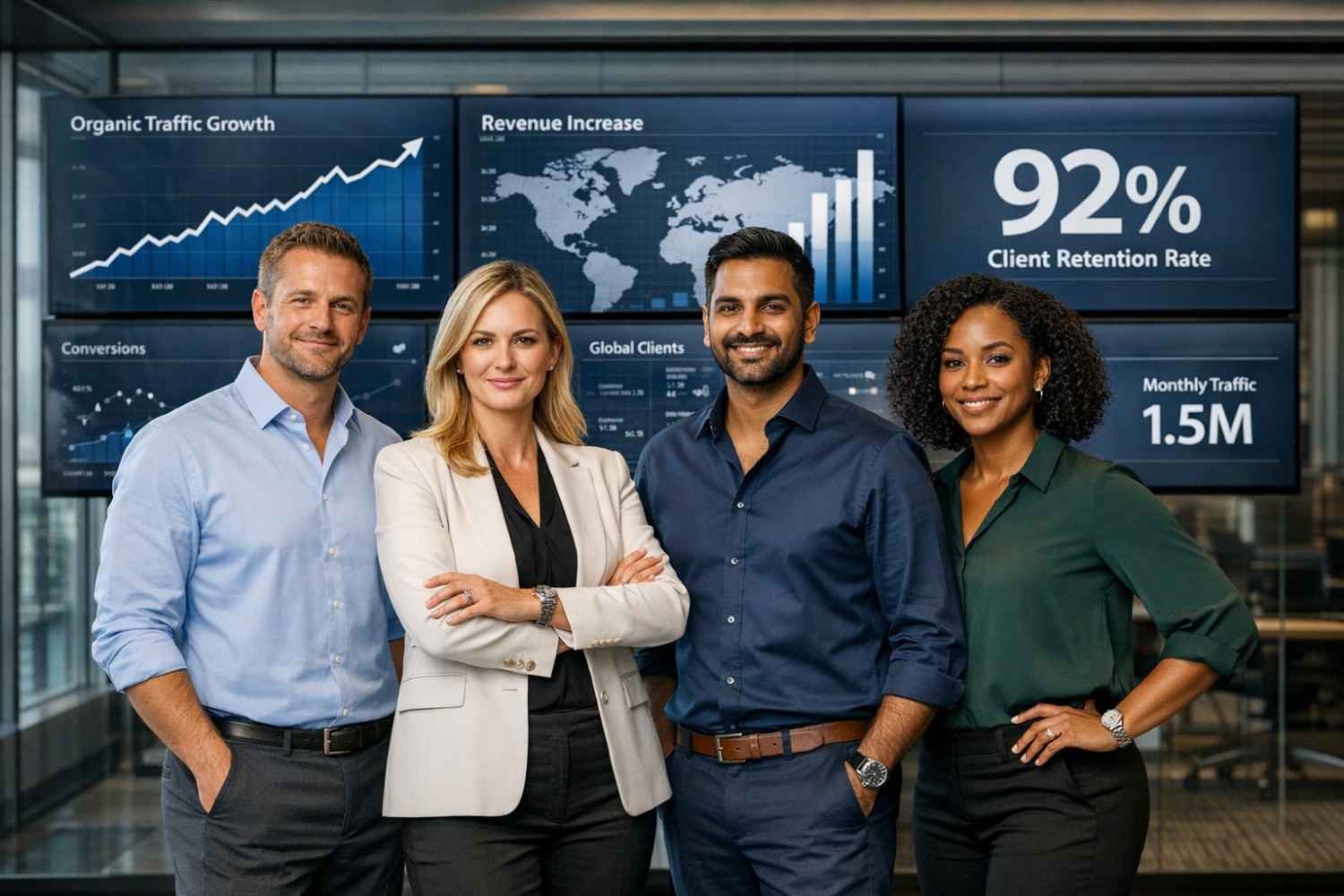Four business professionals stand confidently in an office before large digital dashboards showing SEO metrics, organic traffic growth, revenue increase, global clients, 92% client retention rate, and 1.5M monthly traffic, conveying successful white-label SEO performance.