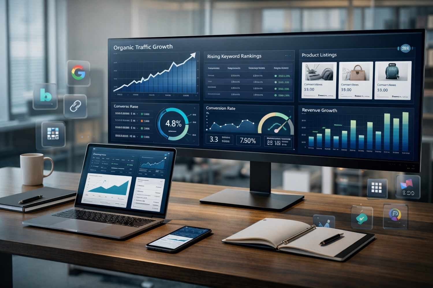 Modern office desk with a large monitor displaying SEO dashboards—organic traffic growth, keyword rankings, conversion rates, product listings, and revenue charts—alongside a laptop, smartphone, notebook, and floating digital icons, illustrating data-driven digital marketing performance.