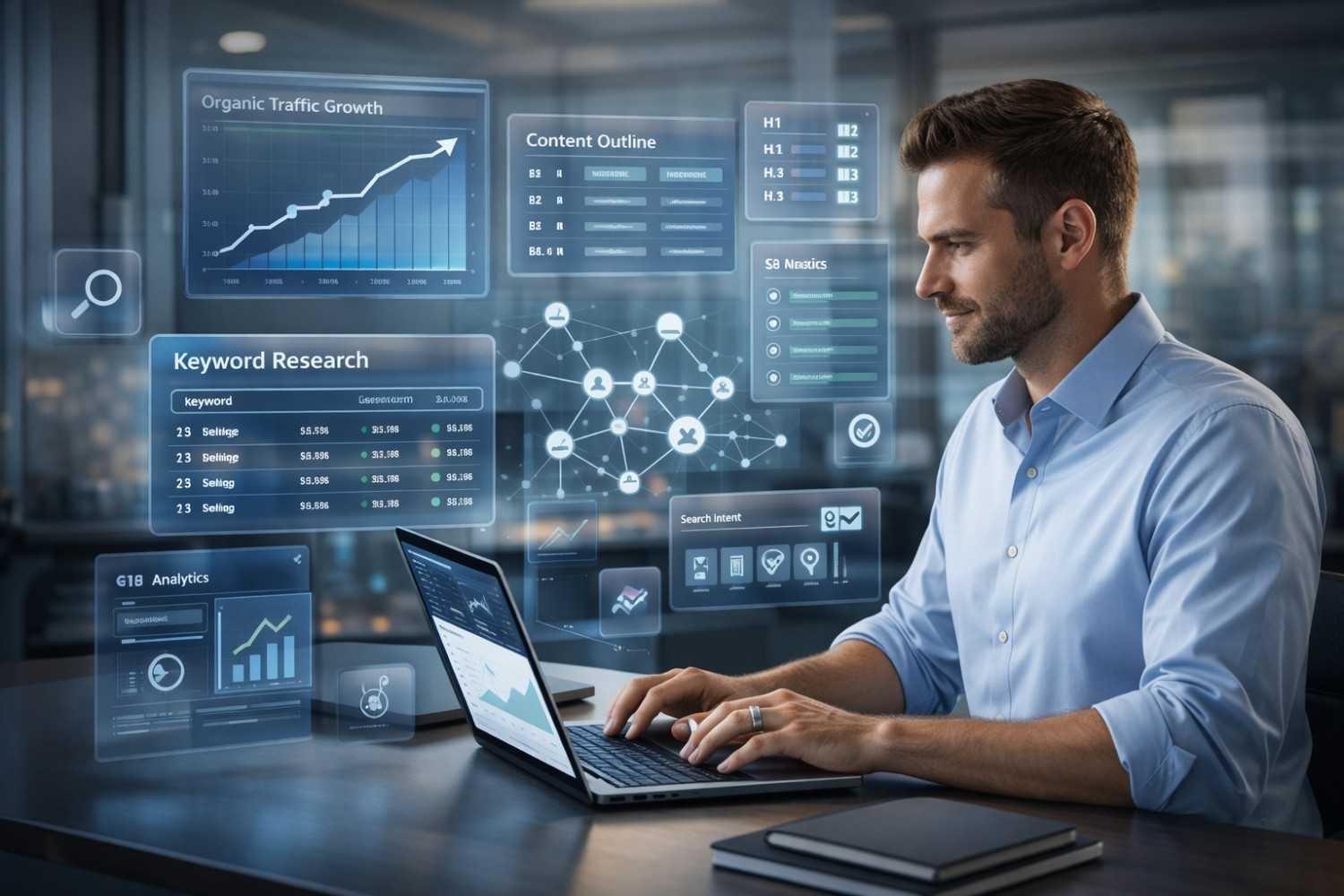 SEO specialist working on a laptop in a modern office while holographic dashboards show organic traffic growth, keyword research tables, content outlines, analytics charts, and network diagrams, illustrating data-driven search optimization and digital marketing strategy.