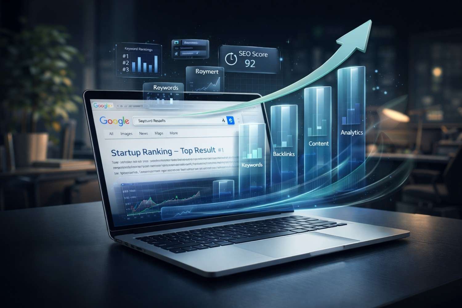 Laptop on a desk shows Google search results with rising SEO charts, holographic analytics panels for keywords, backlinks, content, and SEO score, plus an upward arrow and glowing growth bars, representing startup ranking improvements and search engine optimization success.