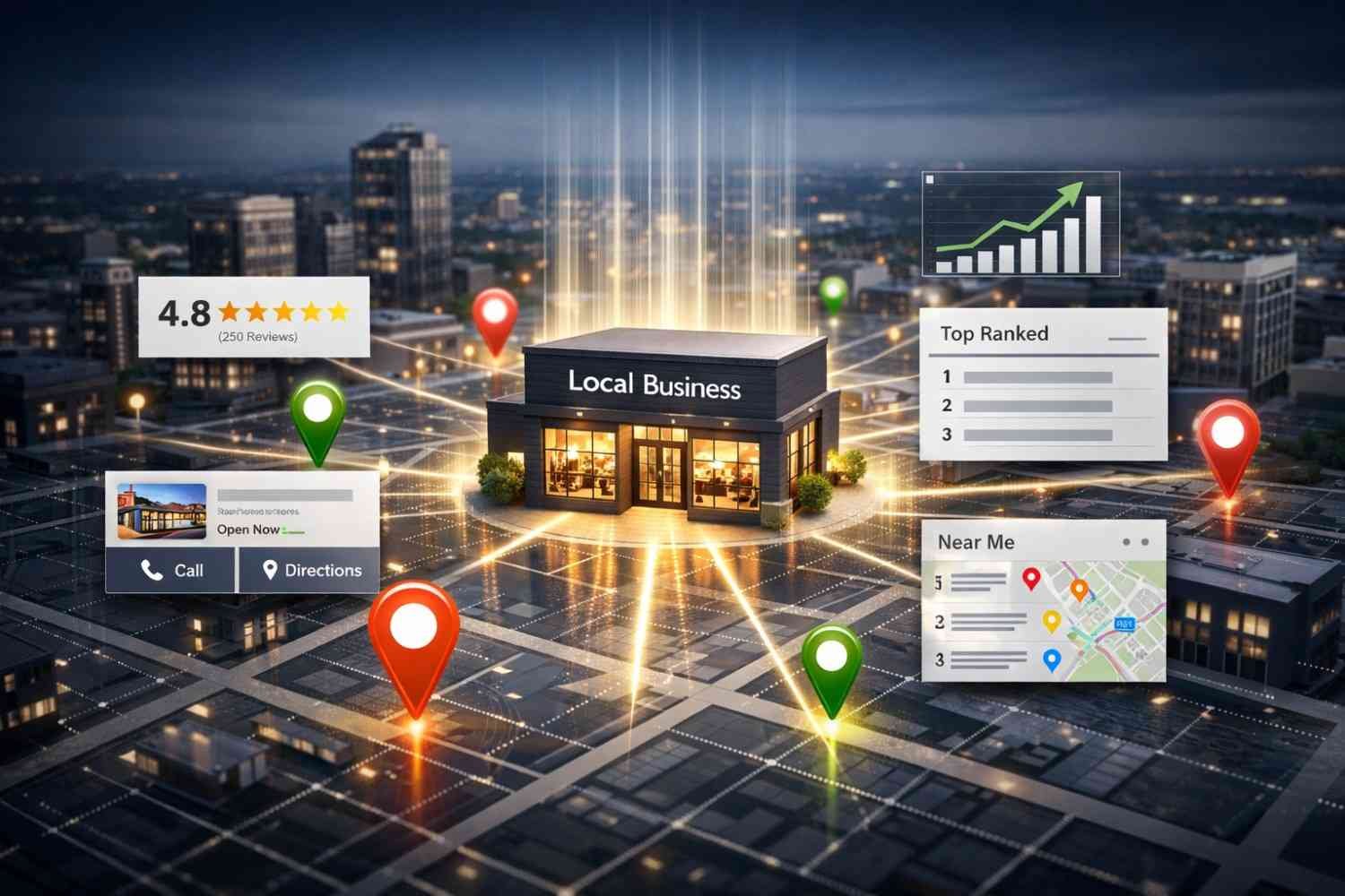 Illustration of a glowing local business building on a city grid with map pins, ratings, “near me” search panels, ranking lists, and rising charts, representing local SEO visibility, customer reviews, and location-based search performance