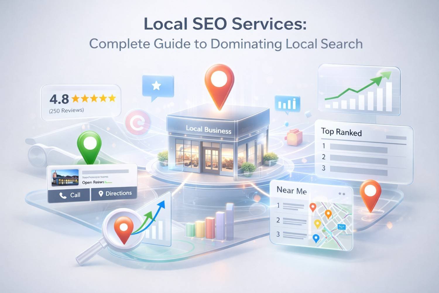 Illustration of a local business storefront surrounded by map pins, ratings, “near me” results, ranking panels, and growth charts under the title “Local SEO Services,” showing analytics, reviews, and tools used to dominate local search visibility.