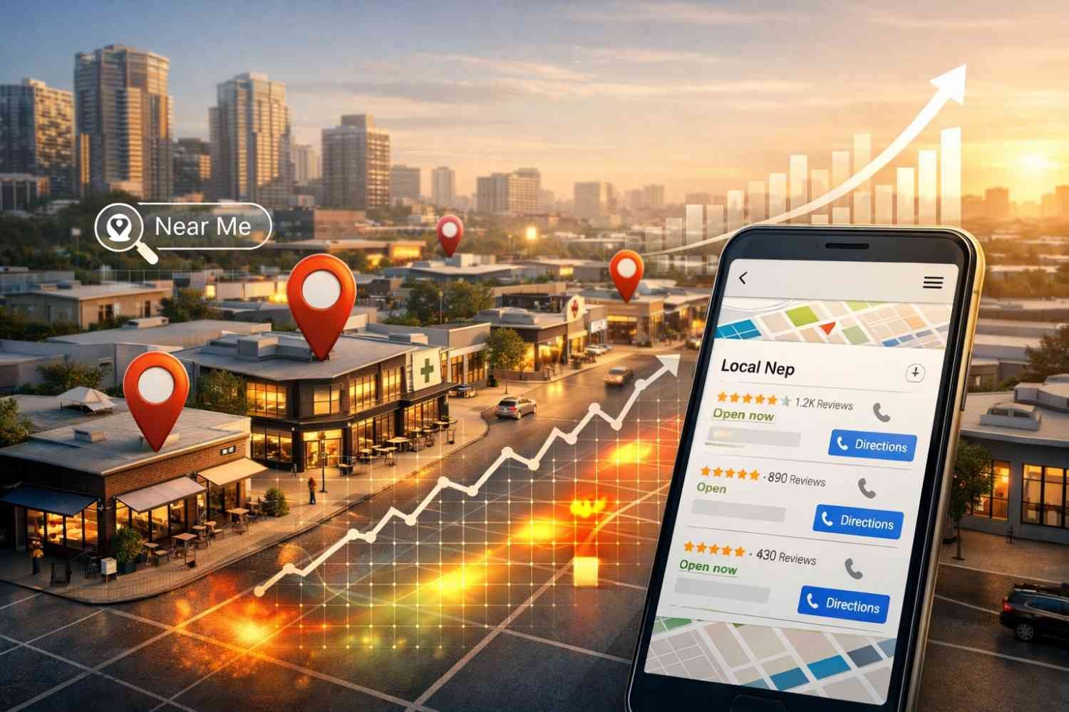 City neighborhood at sunset with map pins marking local businesses, rising graph overlay, and a smartphone showing nearby listings with ratings, reviews, and directions, symbolizing local SEO, “near me” searches, location-based marketing, and business growth in urban areas.