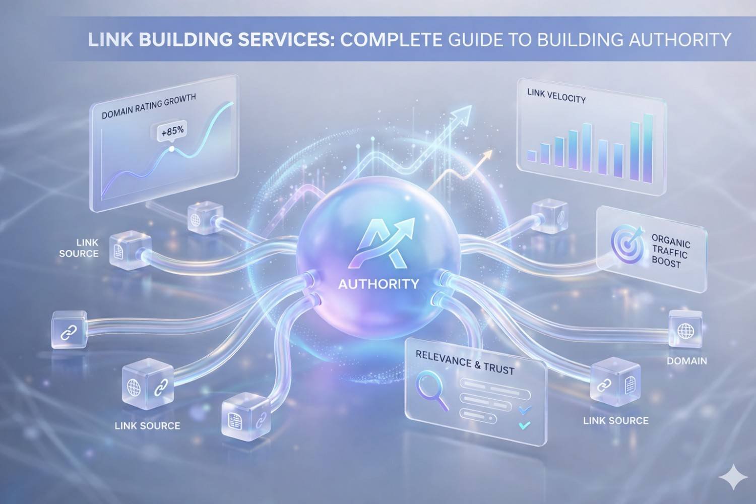 Futuristic SEO illustration showing a glowing “Authority” sphere connected to multiple link sources, domains, and analytics panels displaying domain rating growth, link velocity, relevance, trust, and organic traffic boosts, symbolizing strategic link building and search engine authority growth.
