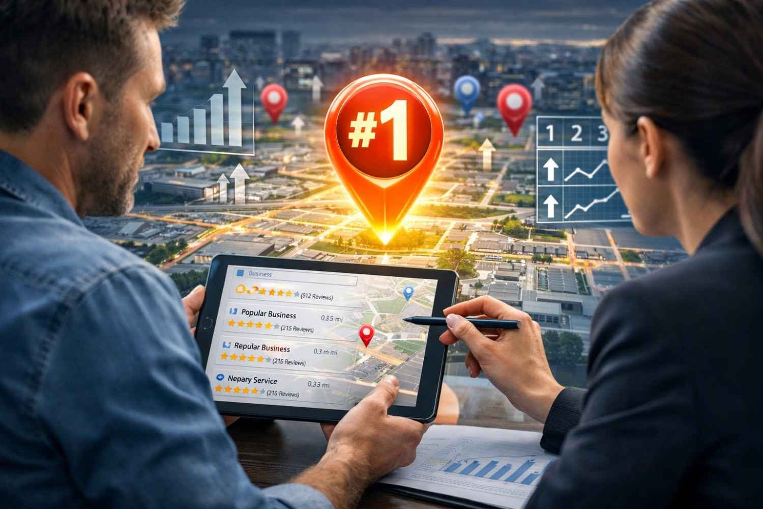 Two professionals review a tablet map showing nearby business listings, star ratings, and locations over a cityscape, with a glowing number-one pin and rising charts, symbolizing top local search ranking, competitive analysis, and local SEO performance growth.