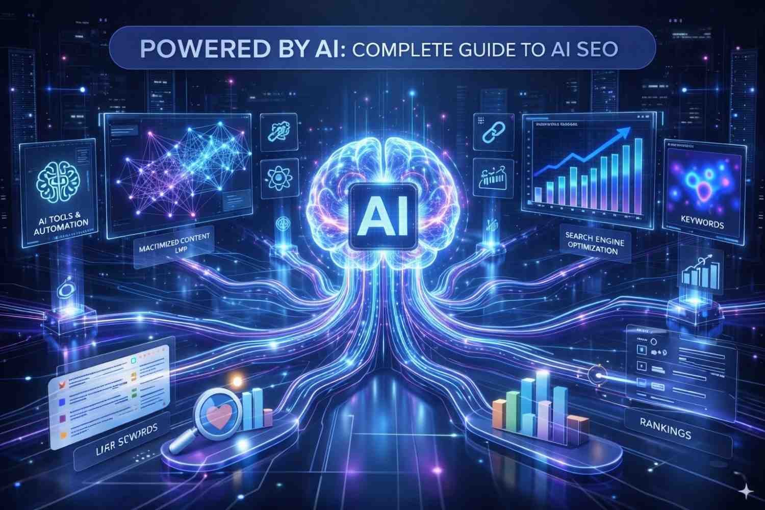 Futuristic AI SEO illustration showing a glowing digital brain labeled “AI” connected to analytics dashboards, keyword charts, ranking graphs, automation tools, and rising performance metrics under the headline “Powered by AI: Complete Guide to AI SEO.”