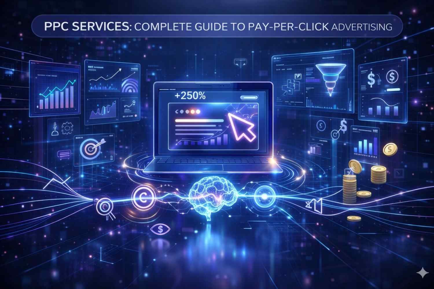 Futuristic PPC marketing illustration showing a laptop with growth charts and “+250%,” surrounded by glowing analytics dashboards, funnels, dollar icons, targets, coins, and a digital brain. Banner reads “PPC Services: Complete Guide to Pay-Per-Click Advertising.”