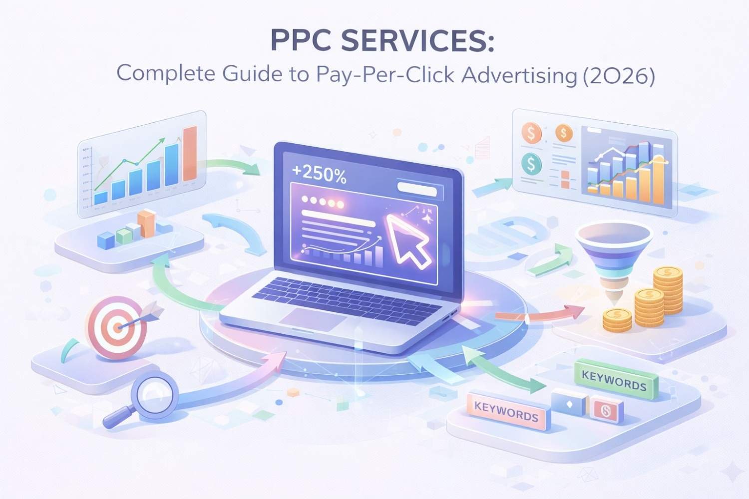 Illustration titled “PPC Services: Complete Guide to Pay-Per-Click Advertising (2026)” showing a laptop with +250% growth, surrounded by charts, funnels, keywords, coins, target icons, arrows, and analytics dashboards representing campaign optimization and conversions.