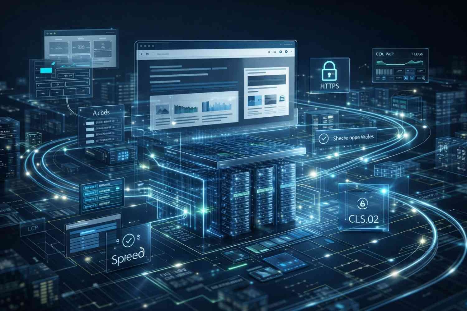 Futuristic web hosting and performance scene showing servers beneath a floating browser dashboard, glowing data streams, speed metrics, HTTPS lock, CLS indicators, and optimization panels, representing secure, high-performance infrastructure and technical SEO monitoring.