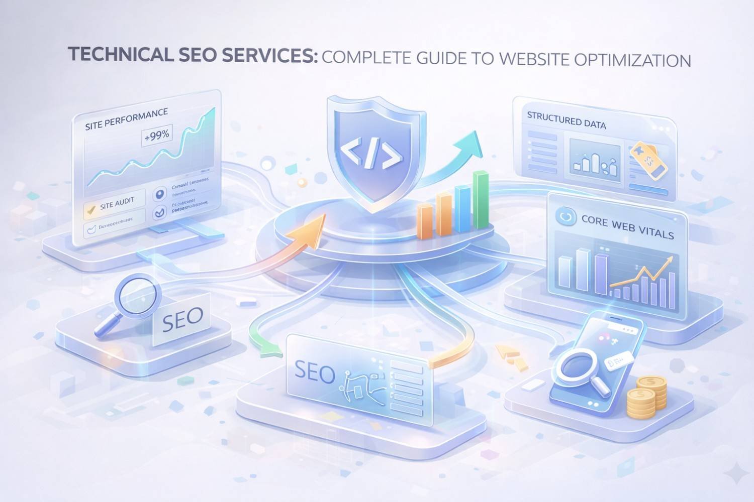 Illustration titled “Technical SEO Services: Complete Guide to Website Optimization” showing a central code shield, rising graphs, site performance dashboards, structured data panels, Core Web Vitals charts, SEO icons, mobile checks, arrows, and coins representing technical optimization and growth.