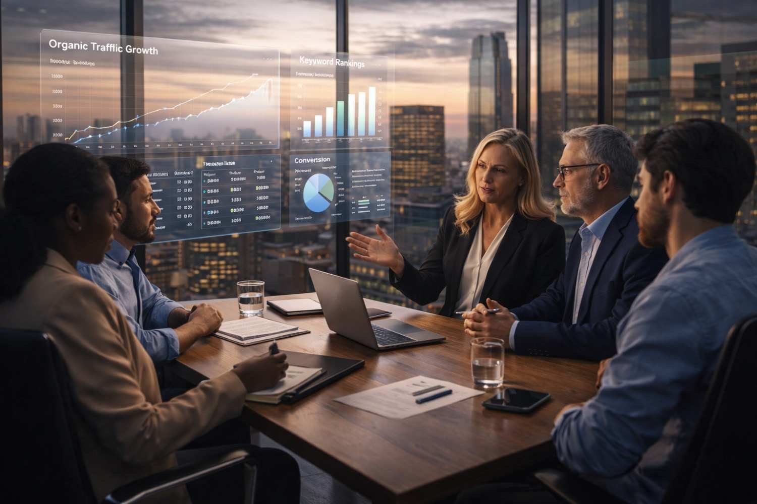 Business team in a high-rise meeting room at dusk discussing SEO strategy around a table, with holographic dashboards showing organic traffic growth, keyword rankings, and conversion charts against a city skyline backdrop.
