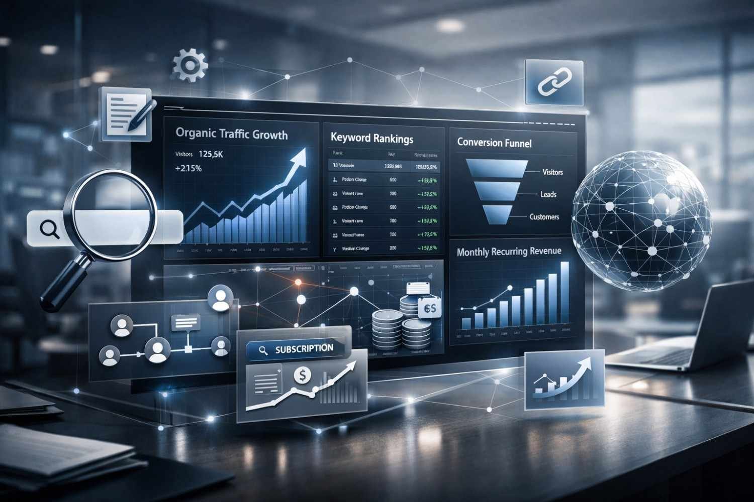 Futuristic analytics dashboard showing organic traffic growth, keyword rankings, conversion funnel, and monthly recurring revenue charts, with magnifying glass, subscription panel, coins, network globe, and SEO icons in a modern office setting.