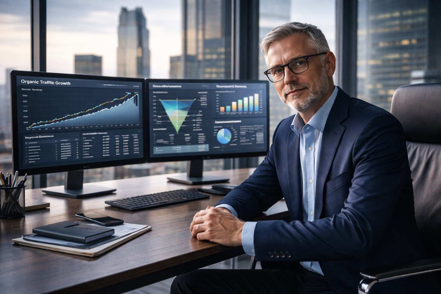Executive seated at a desk in a glass-walled office, facing dual monitors displaying organic traffic growth, funnel analytics, and conversion charts, with a city skyline outside the windows and notebooks and phone on the workspace.
