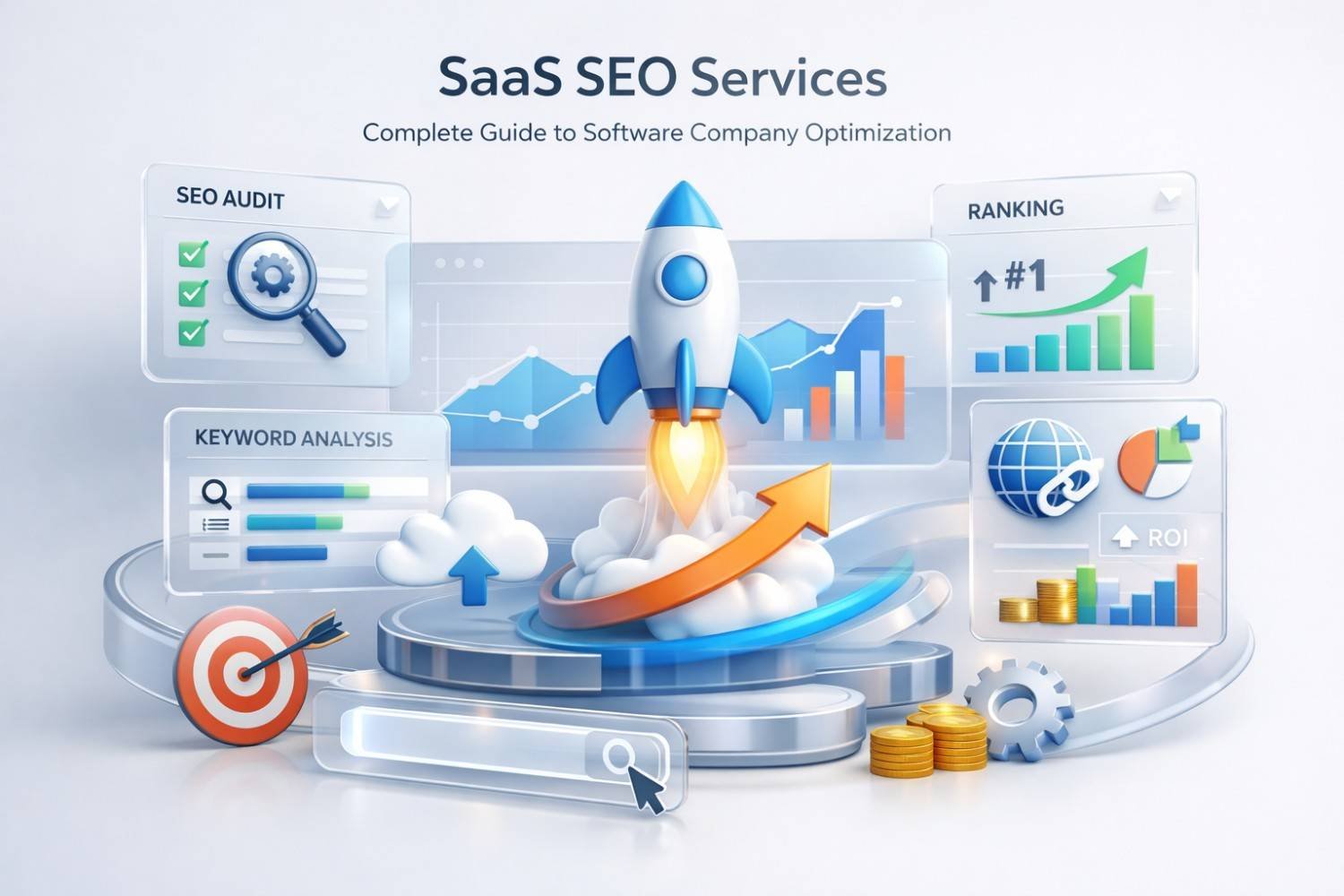 Illustration titled “SaaS SEO Services: Complete Guide to Software Company Optimization” showing a rocket launch over growth charts, ranking panels, keyword analysis, SEO audit icons, ROI graphs, coins, target symbol, and analytics dashboards representing SaaS marketing success.