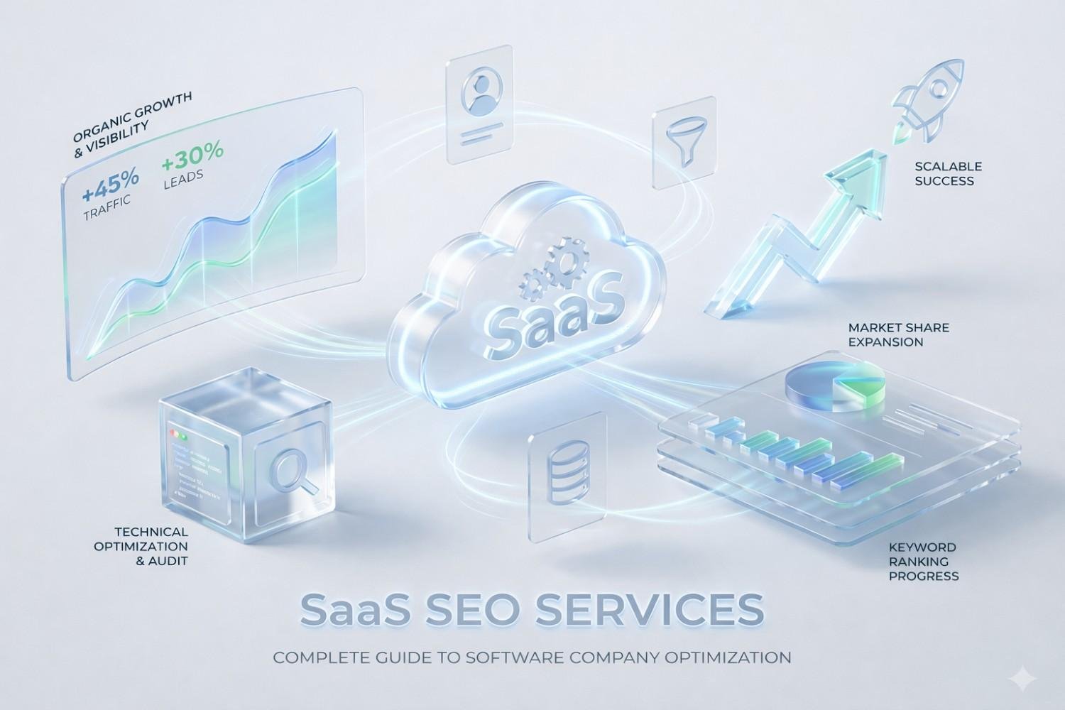 Graphic titled “SaaS SEO Services: Complete Guide to Software Company Optimization” featuring a SaaS cloud hub, traffic and lead growth charts, keyword ranking progress, technical audits, market expansion arrows, and scalable success rocket icons connected by glowing data paths.