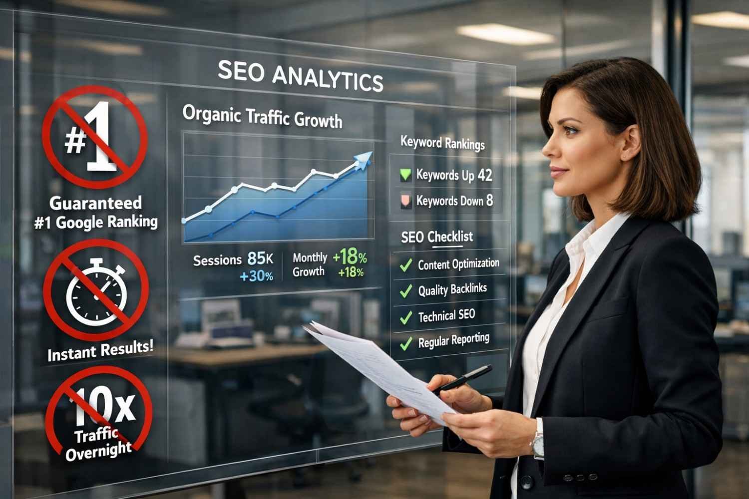 Businesswoman reviewing a transparent SEO analytics dashboard in an office, showing organic traffic growth charts, keyword ranking changes, and an SEO checklist, alongside warning icons rejecting instant results, guaranteed rankings, and overnight traffic claims.